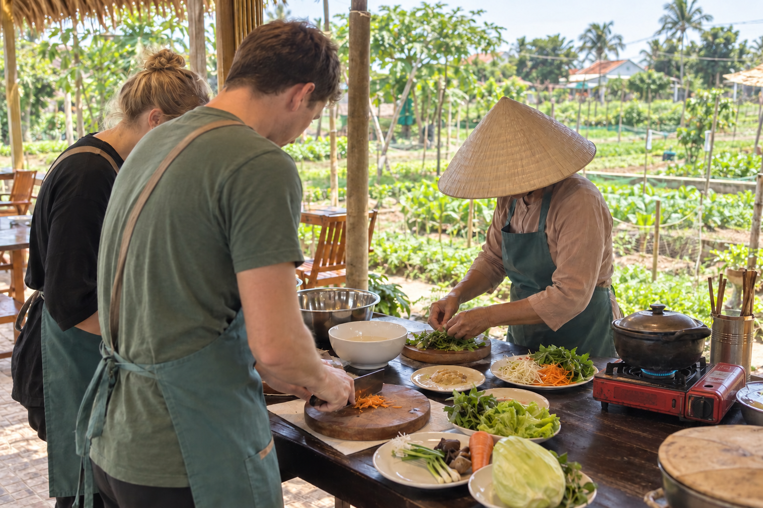 Guests preparing fresh vegetables with a local host at Tra Que Garden